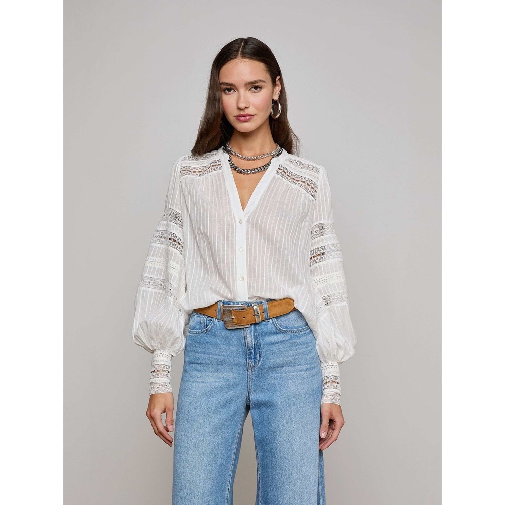 L'AGENCE Kiera Lace Inset‎ Button Down Blouse Balloon Sleeve Boho Top